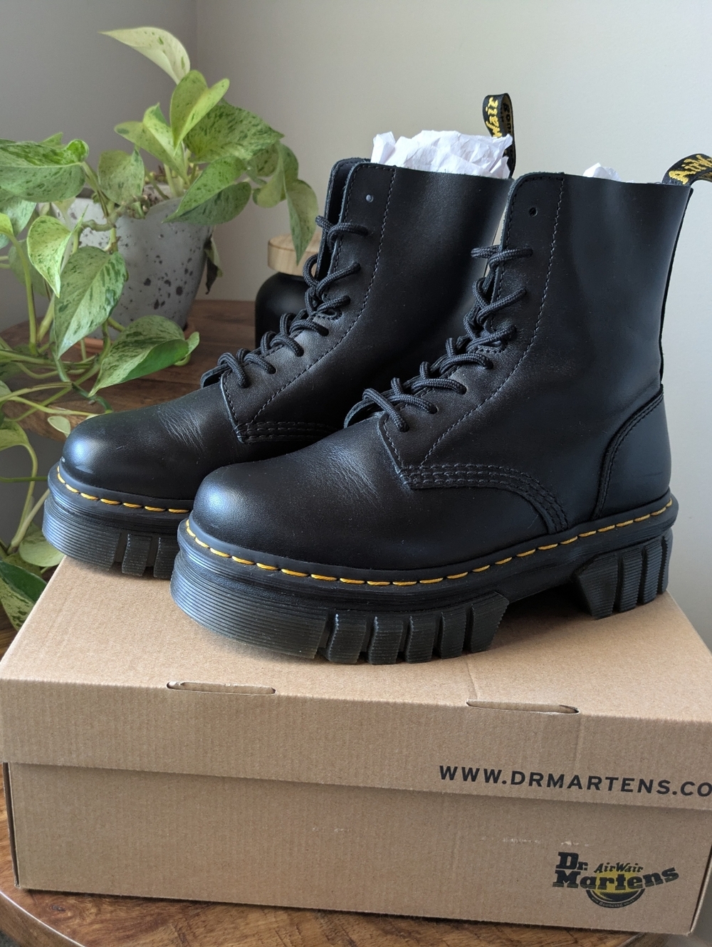 Dr. Martens Women's Audrick 8-Eye Black Leather Platform Lace-Up Boots